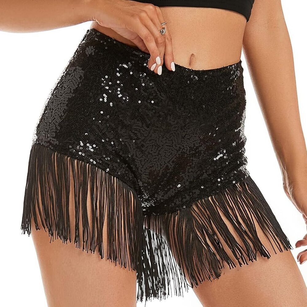 New Sequin High Waist Fringe Hem Glitter Party Shorts